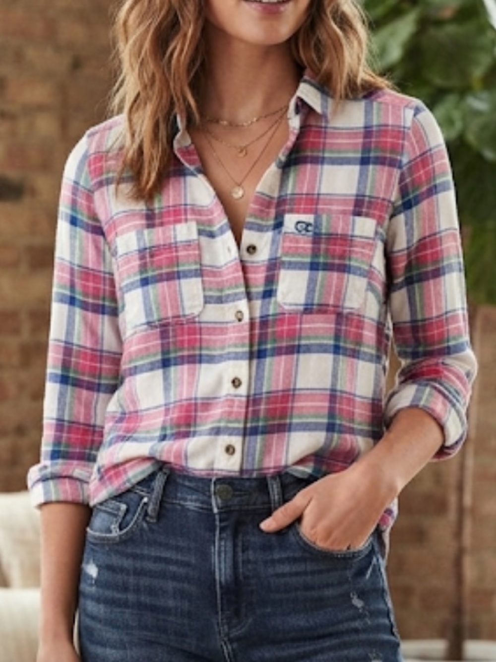 GILLY HICKS Flannel Button Down Plaid Shirt Small